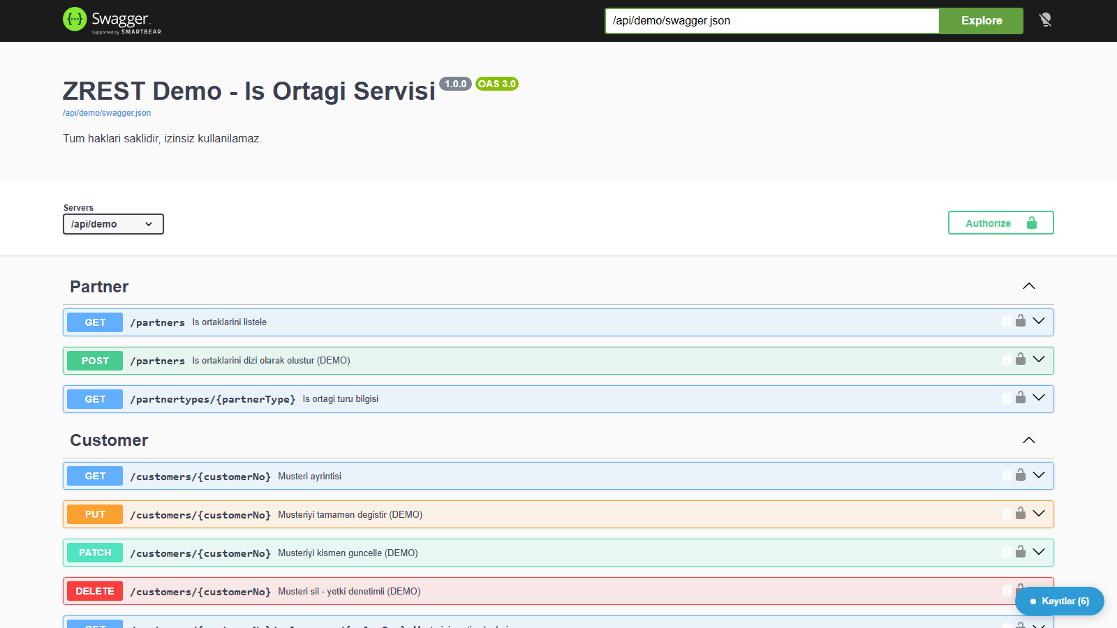 ZREST Swagger screen listing business-partner GET, POST, PUT, PATCH and DELETE endpoints