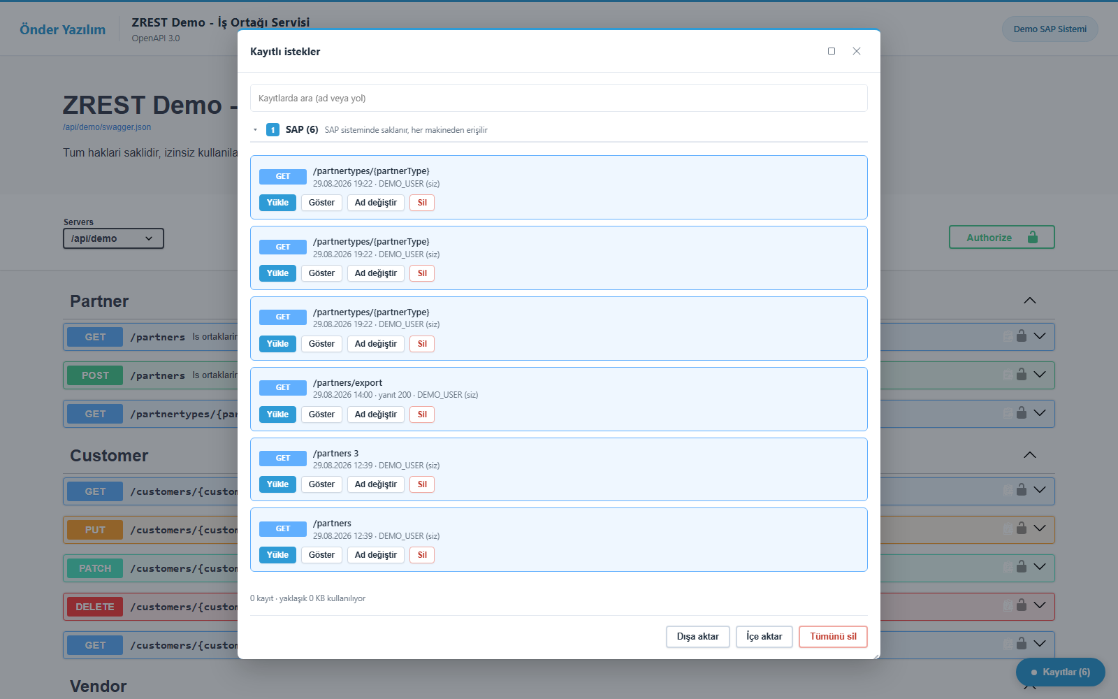 ZREST saved-requests window showing demo requests stored in the SAP system