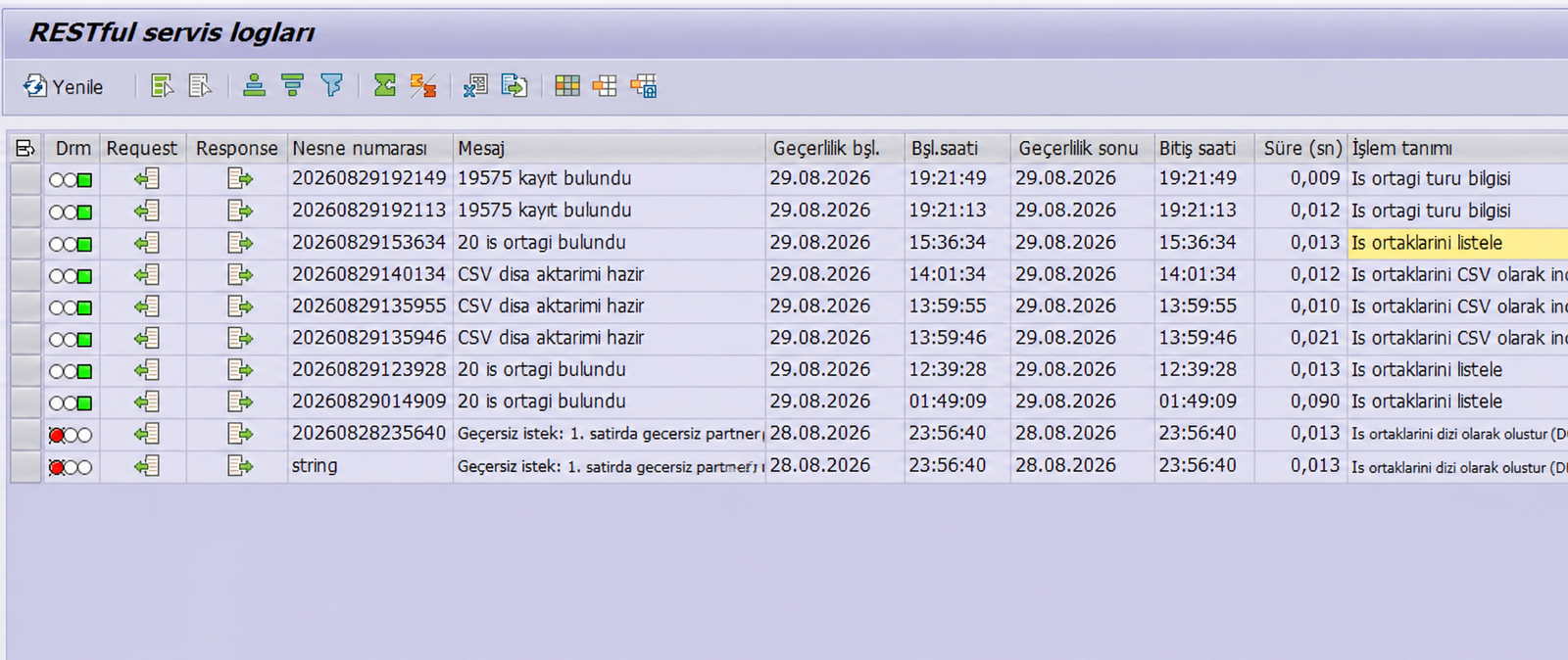 SAP RESTful service logs showing successful and failed calls, timestamps, durations and operation descriptions