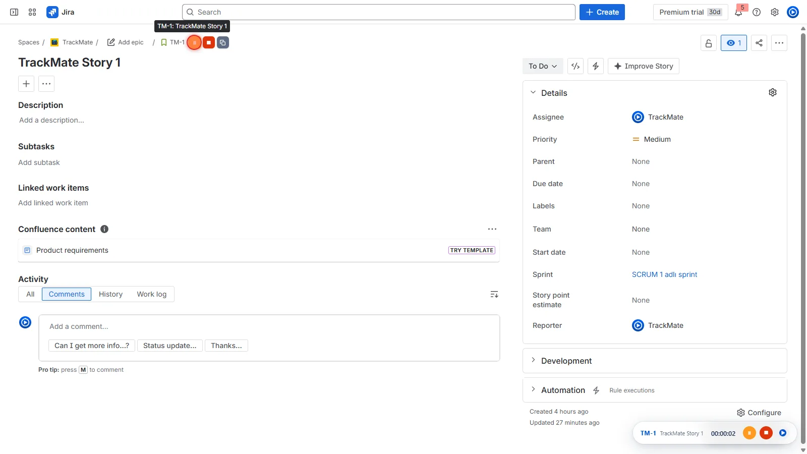 Jira issue sayfasında çalışan TrackMate zamanlayıcısı ve kontrol butonları