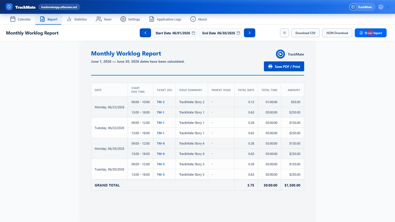 TrackMate monthly worklog report with date, issue, duration and amount columns, plus a grand total